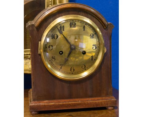 Mahogany cased mantel clock, brass dial, movement striking on a gong, 28cms.