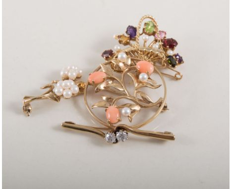 Four gemset brooches, a 9 carat yellow gold 30mm flower basket set with cultured pearls, amethyst, citrine, garnet, peridot, 