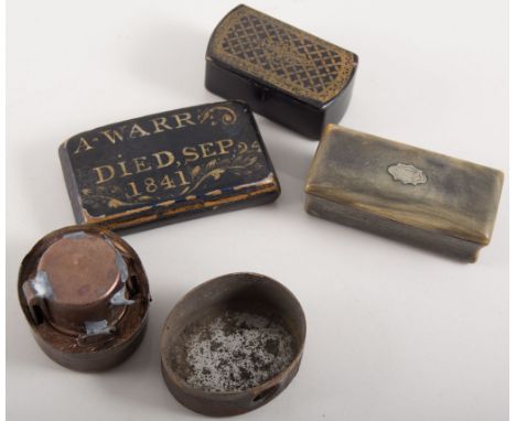 Victorian painted memorial snuff box, A. Warr, died Sept. 25th 1841, 7cms, other boxes and vintage spectacles.