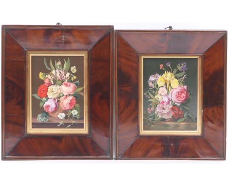 Monogrammist R M C, Pair still life floral displays on a ledge, oils on board, signed with initials, dated 1984, 20cm x 14cm,