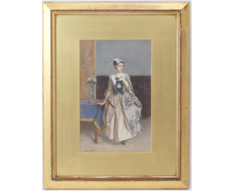 James Charles Playfair (active late 19th Century), Portrait of an elegant lady in a richly embroidered dress, watercolour and