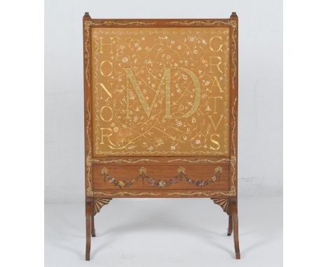 Late Victorian Sheraton Revival painted satinwood tapestry fire screen, circa 1885, finely worked in metal thread with a mono