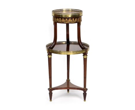 French Empire Revival mahogany and ormolu gueridon, circa 1900, the red scagliola marble top with brass gallery over an ormol