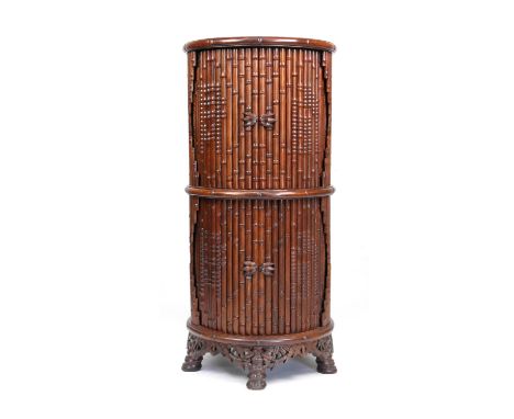 Oriental hardwood simulated bamboo drinks cabinet, 20th Century, circular pillar form with tambour style sliding doors, openi