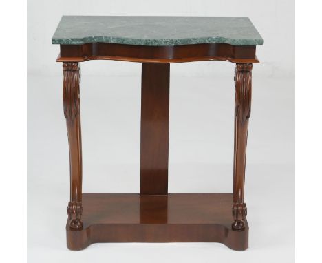 Mahogany and green marble console table, fronted with scrolled supports, on a platform base, width 69.5cm, depth 37.5cm, heig