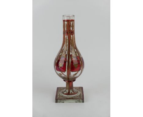 Eastern European glass hookah base, baluster form with ruby flash and gilt decoration, on a square base, height 28.5cm 