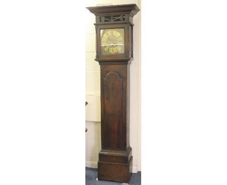 F Bayley, Uttoxeter, oak thirty hour oak longcase clock, later moulded cornice pierced with tulips, over a brass 10 1/2'' dia