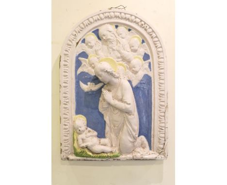 Italian glazed terracotta niche plaque in bas-relief, featuring the Madonna and Child in an arch, 63cm x 44cm 