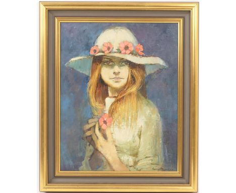 George Thompson (1934-2019), Portrait of a girl in a wide brimmed hat adorned with flowers, signed oil on board, 50cm x 40cm 