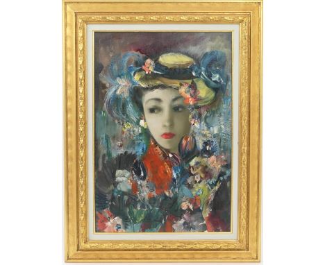 Jean Calogero (Italian 1922-2001), Portrait of a young girl in a straw boater adorned with flowers, signed oil on canvas, 54c
