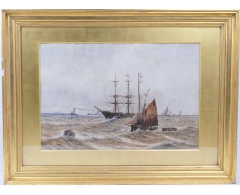 M E Adams (c. 1900), Sail and steam, busy shipping off the coast, watercolour, 46cm x 69cm, probably signed underneath the mo
