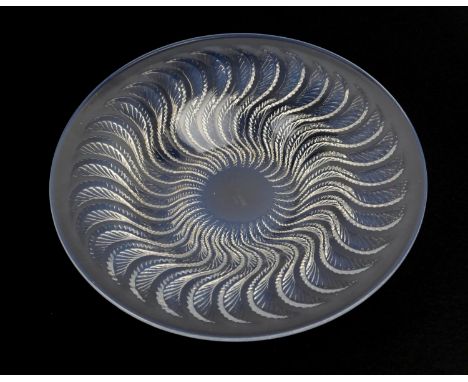 Lalique Actina shallow bowl, reverse moulded with swirling serrated leaves and tinted with blue opalescence, stencilled mark 