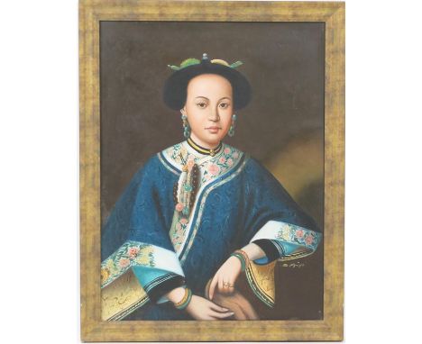 S. Gip (Chinese School), Portrait of an eastern woman in formal robe, signed oil on canvas, 60cm x 45cm 