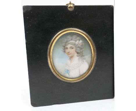 Manner of Sampson Towgood Roch (1759-1847), Portrait of a lady in a white dress with blue ribbon, oval, 6cm x 5cm, inscribed 