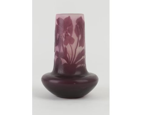 Galle style cameo glass vase, baluster form, acid etched and wheel engraved with purple violets against a matt light pink gro