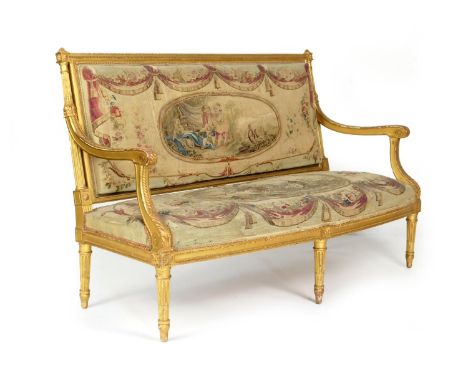 French giltwood and tapestry canape, mid 19th Century, original upholstery, the back featuring a vignette of children with co