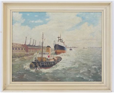 R W Ellis (active 1960-75), Shifting berth, River Mersey, oil on board, inscribed to a label verso, dated 1963, 25cm x 32cm 
