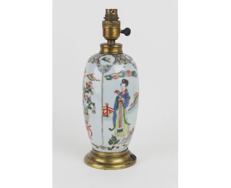 Chinese famille verte vase, converted to a table lamp, with metal mounts, the porcelain 18th or 19th Century, decorated with 