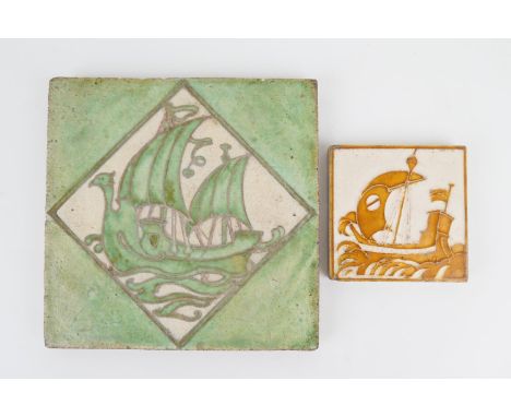 Arts &amp; Crafts style decorative galleon tile, finished in a light green glaze, 15.5cm square; also a further smaller tile,