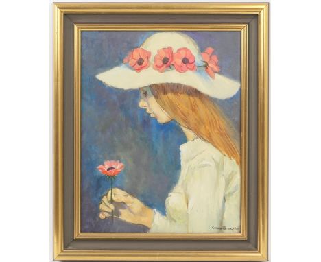 George Thompson (1934-2019), Portrait of a girl holding a poppy, oil on canvas, signed, 50cm x 40cm 