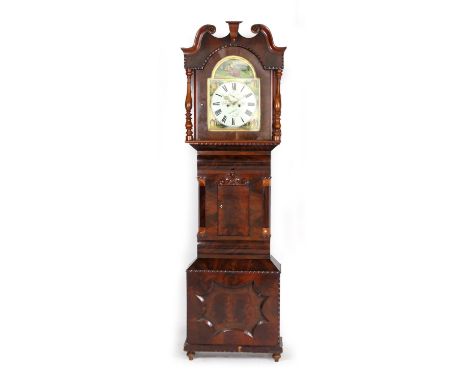 J Cott & Son, Silsden, mahogany eight day longcase clock, painted 14'' arched dial, signed and with subsidiary seconds and ca