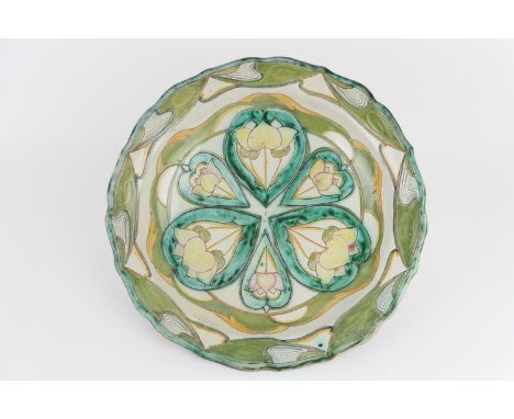 Della Robbia plaque, circa 1894-1906, no. 952, incised with stylised tulip reserves in yellow and green, within an Art Nouvea