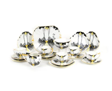 Shelley Queen Anne part tea service, decorated in a morning 'Sunrise and tall trees' pattern, no. G11698, comprising five cup