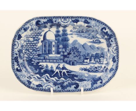 Rare small blue and white print ware meat dish, in an Orientalist temple pattern, circa 1830,19cm x 13.5cmProvenance: Ex-D&S 