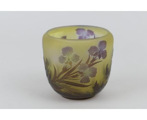 Galle style cameo glass vase, acid etched and wheel engraved decoration of orchids in pinks, purples and reds against a matt 