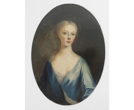 Georgian portrait miniature, probably early to mid 18th Century, featuring a young lady in a blue dress, oil on copper, oval,