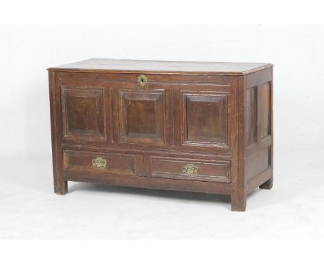 Oak joined coffer, early 18th Century, hinged lid over three fielded panel front, later incised with initials 'M P', over a f