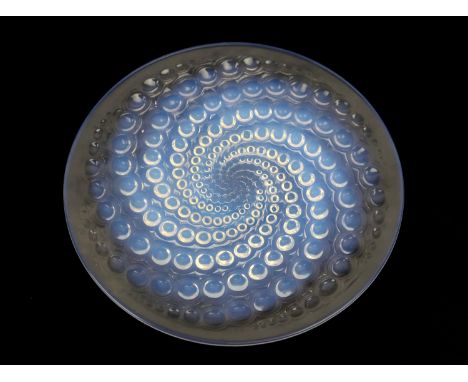 Lalique Volutes plate, reverse moulded with a swirl of graduating bubbles, tinted with blue opalescence, stencilled mark 'R L