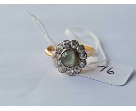 ANTIQUE VICTORIAN DIAMOND CLUSTER RING SET WITH A CHRYSOBERYL CAT’S EYE, TOTAL WEIGHT OF DIAMONDS 1.1 CTS, SIZE R