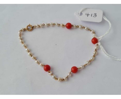 ANTIQUE NATURAL PEARL AND CORAL 18CT BRACELET WITH FRENCH HALLMARKS