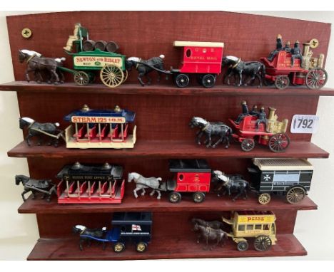 A bracket with ten horses with fire trucks &amp; ambulance