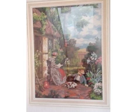 Two tapestry pictures &amp; two marquetry panels
