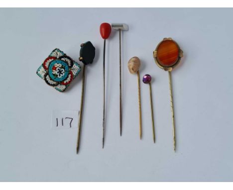 Bag containing vintage stick pins and a Millefiori brooch