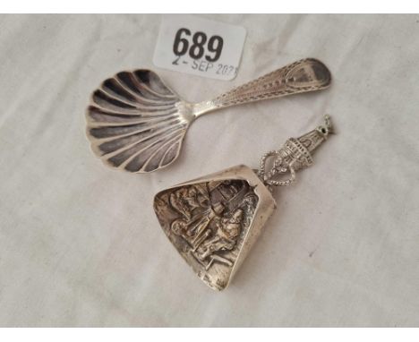 A George III bright cut caddy spoon - 1787 Hester Bateman and an embossed Dutch spoon