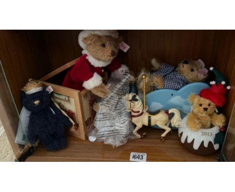 Five Steiff bears &amp; teddys (on bottom shelf)