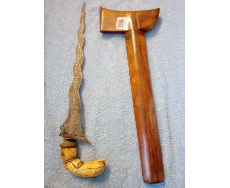 Another Eastern dagger with bone handle wavey blade and wood sheath 15 inches long 