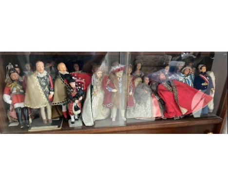 A shelf costume dolls many by Peggy Nesbitt incl; Sir Francise Drake