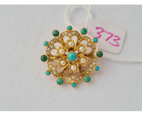 A pearl and turquoise brooch 15ct gold - 7 gms 