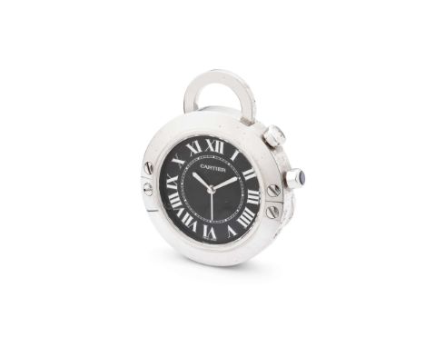  Cartier: A stainless steel quartz travel alarm clock Ref.2754, circa 2010 Quartz movement, matte black dial, circular case w