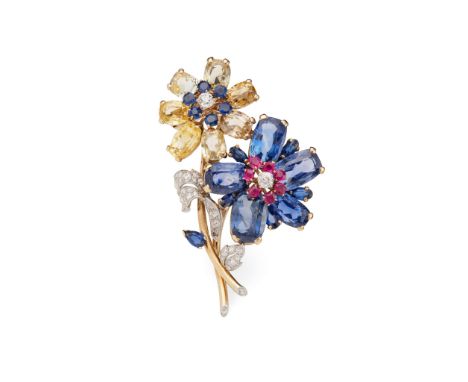  Cartier: A multi-gem and diamond floral brooch circa 1950 The posy of flowers, one set with cushion and pear-shaped sapphire