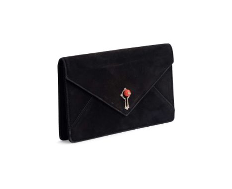  Cartier: A black suede handbag with a coral and diamond clasp circa 1935 In the envelope style, the rose-cut diamond keyhole