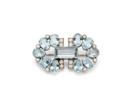  Cartier: An aquamarine and diamond brooch circa 1935 Designed as two demi-lunes, composed of oval-cut aquamarines and brilli