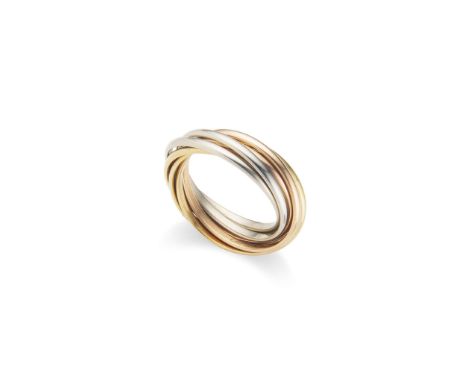  Cartier: A seven-band 'Trinity' ring  The seven interlocking tri-coloured bands, signed Cartier, ring size M&nbsp;   Louis C