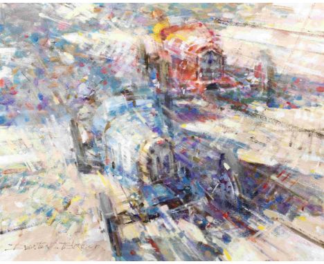 Dexter Brown (British 1942-), 'Bugatti vs Alfa Romeo - Monaco Grand Prix 1933',signed, acrylic on canvas, race scene depictin
