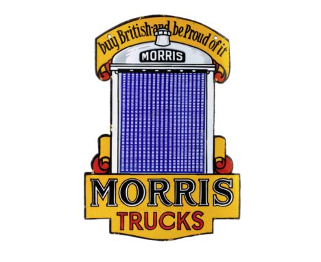 A 'Morris Trucks' double-sided shaped enamel sign, 1930s,in five colours featuring the Morris radiator, with remains of 'Morr
