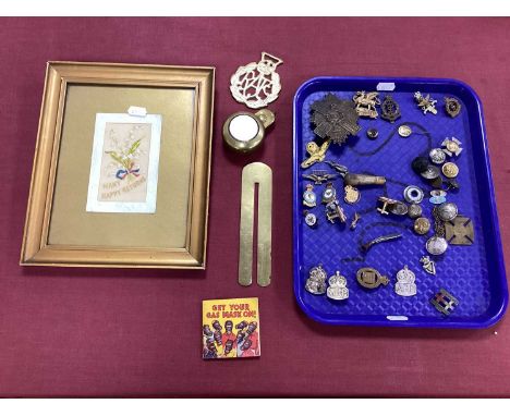 British Armed Services cap badges, brooches, buttons, cufflinks, button protector cleaner and other miscellaneous items, incl
